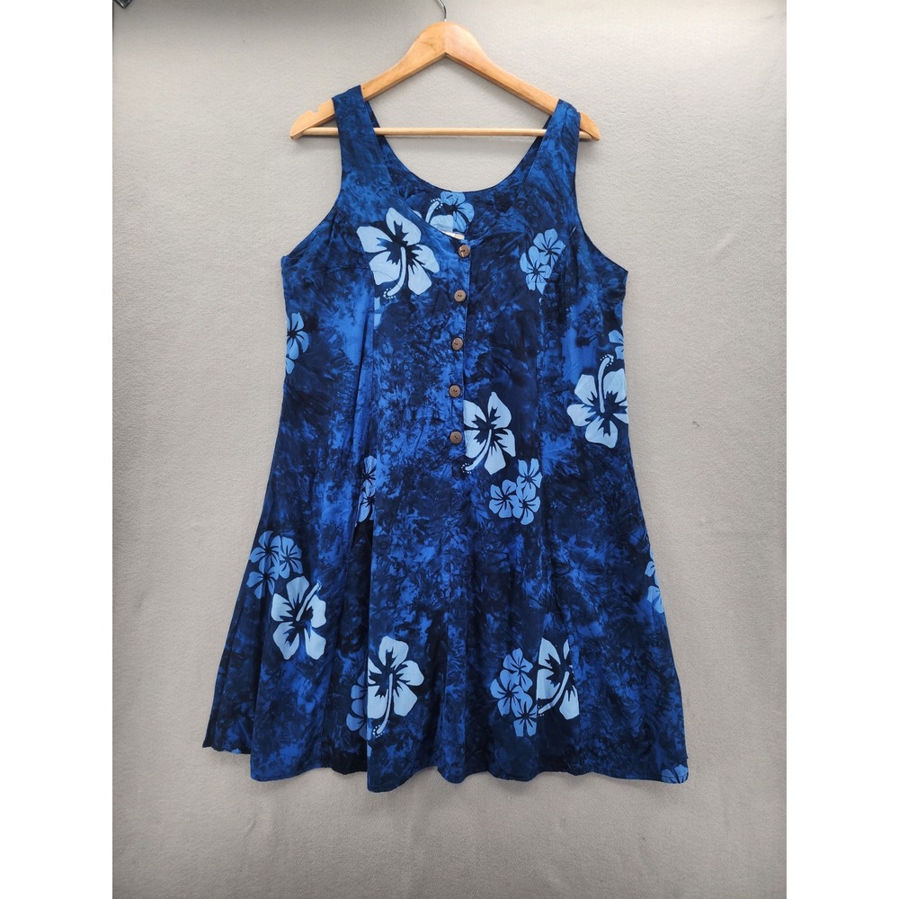 NaPua Collection Honolulu Blue Hibiscus Floral Hawaiian Dress Coconut Button L